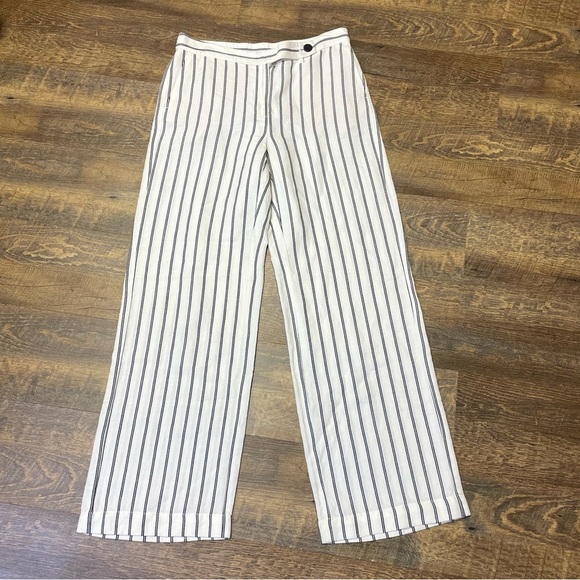 J. Jill Wide-Leg Linen Blend Pants Cream Navy Striped Coastal Preppy Womens 8 - Picture 2 of 13